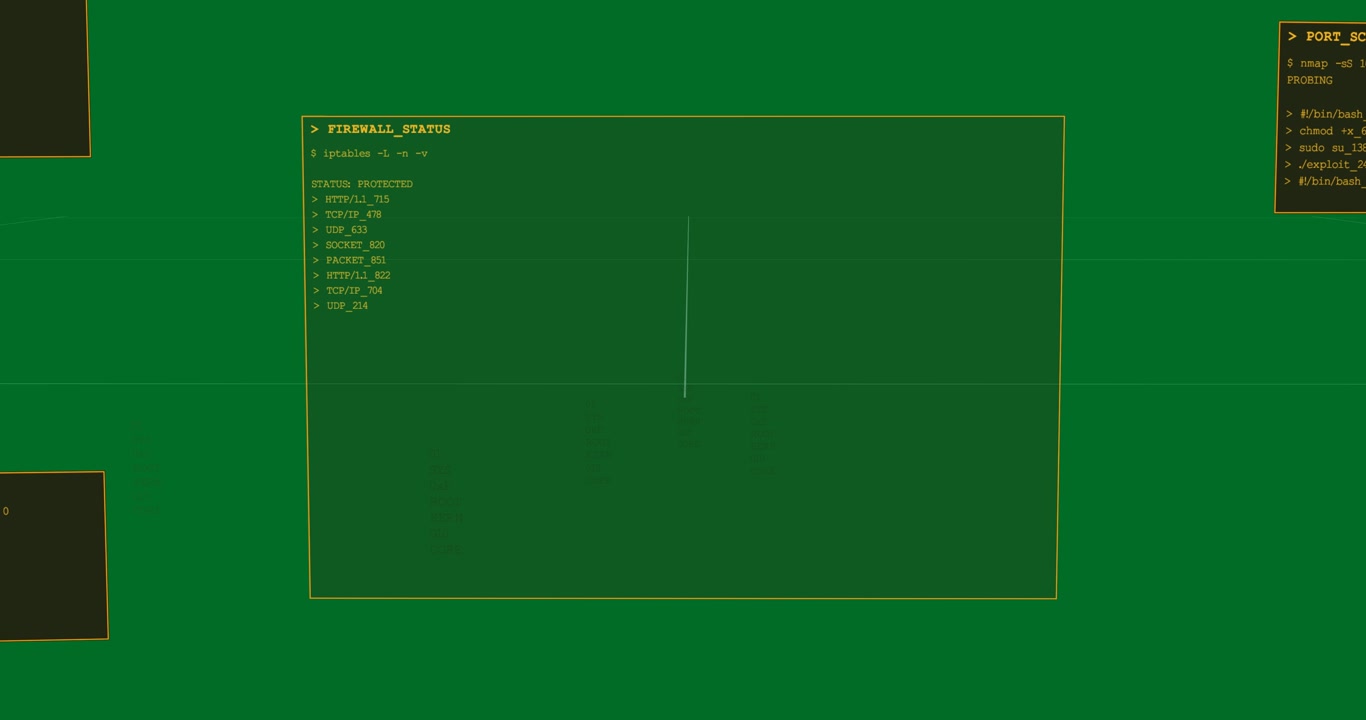 FIREWALL_STATUS window appearing on transparent bg, rotating as scan line sweeping ports status