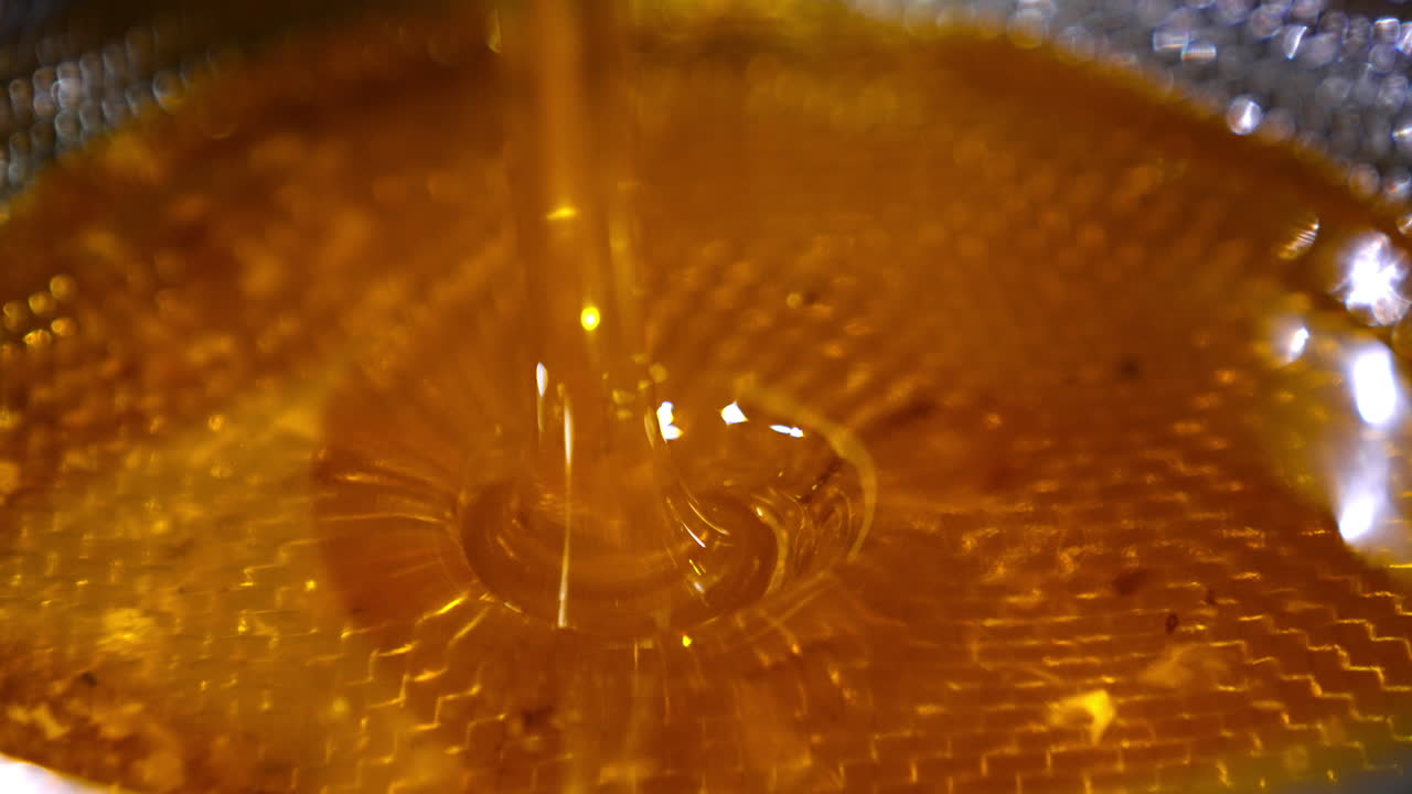 Beautiful fresh healthy organic honey flowing on the sieve. Liquid just extracted honey being filtered from wax particles.