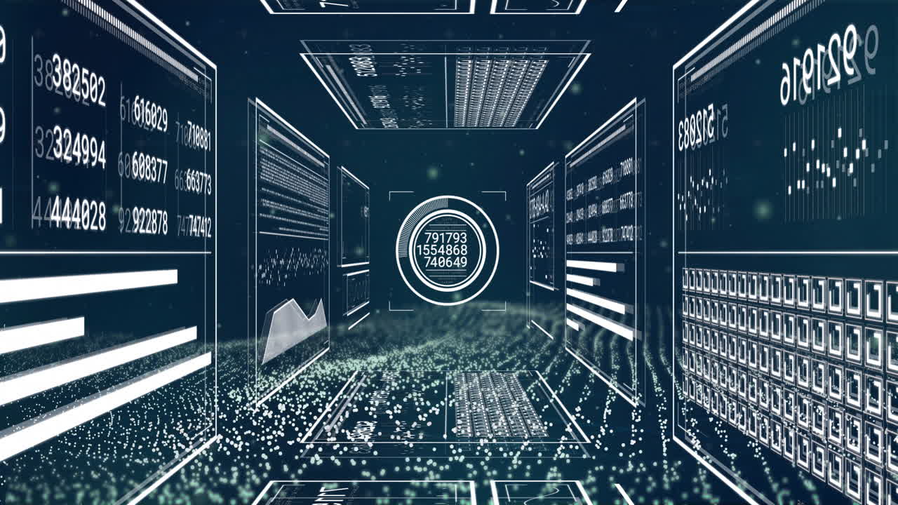 Animation of data processing over spots on black background