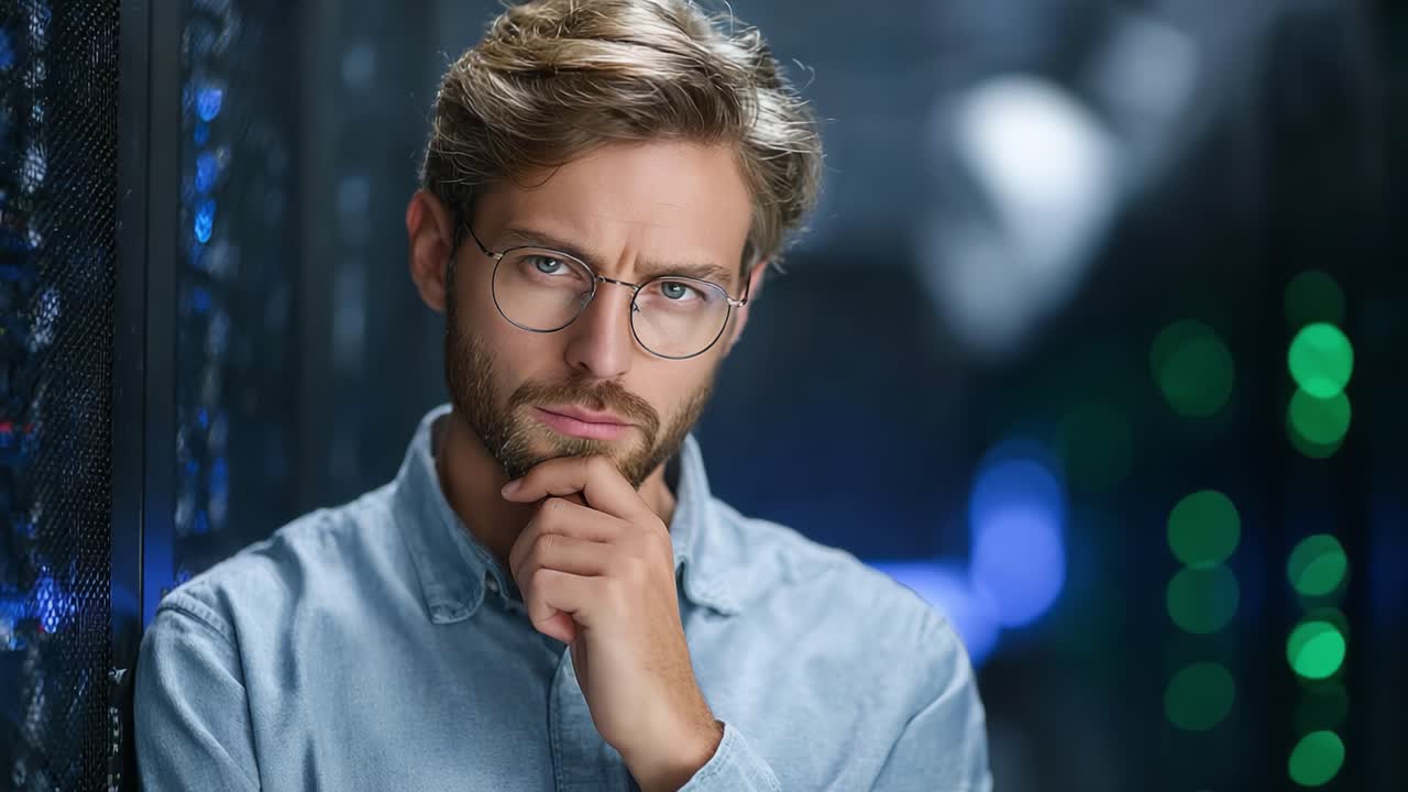 A Reflective Moment: Contemplating Ideas in a Tech-Inspired Environment with Soft Lighting and a Thoughtful Gesture Showcasing Emotion and Introspection