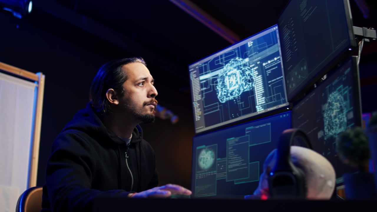 Scammer in apartment doing fraud using AI, close up