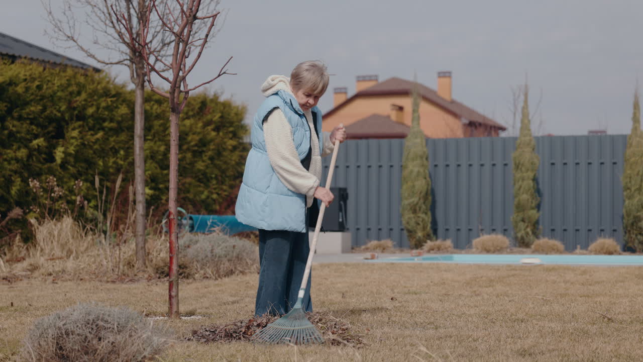 Elderly Woman Raking Leaves in Backyard Garden