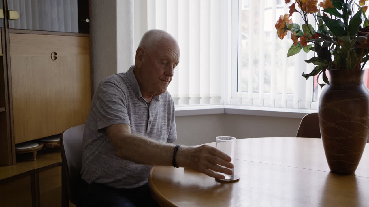 Elderly man drinking water at a table