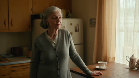 pensive elderly woman in a kitchen