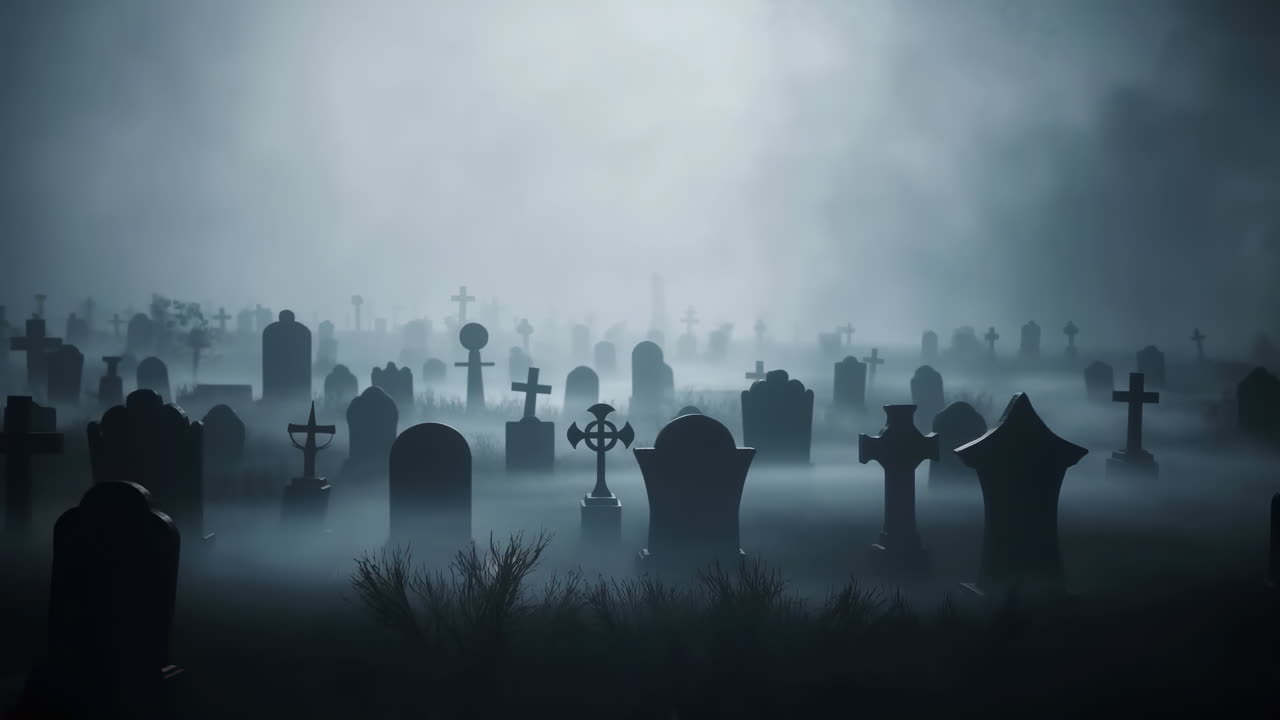 Cimitero inquietante con lapidi e nebbia di notte
