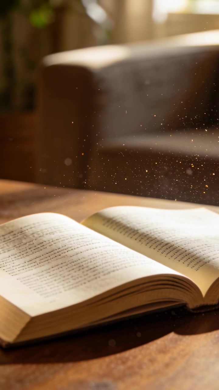 Video verticale: Raggio di sole che entra dalla finestra, rivelando particelle di polvere che fluttuano su un libro aperto sul tavolo.