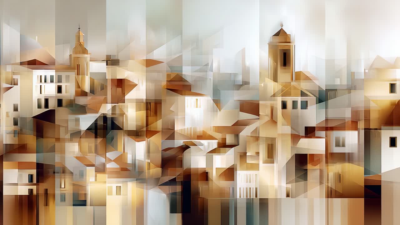 An abstract representation of a vibrant cityscape, showcasing fragmented architectural elements interwoven with shades of cream, tan, and gold, capturing a mesmerizing blend of modern aesthetics and classic forms