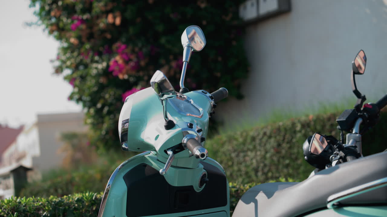 A mint green scooter parked near blooming pink flowers in bright sunlight