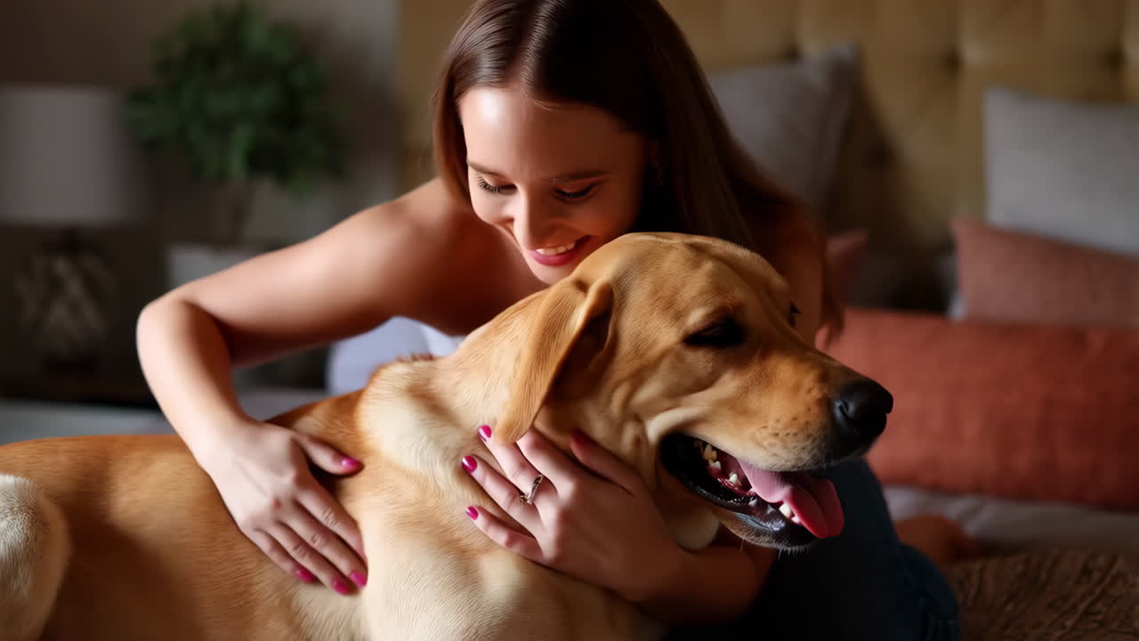 Woman affectionately petting her Golden Retriever dog indoors