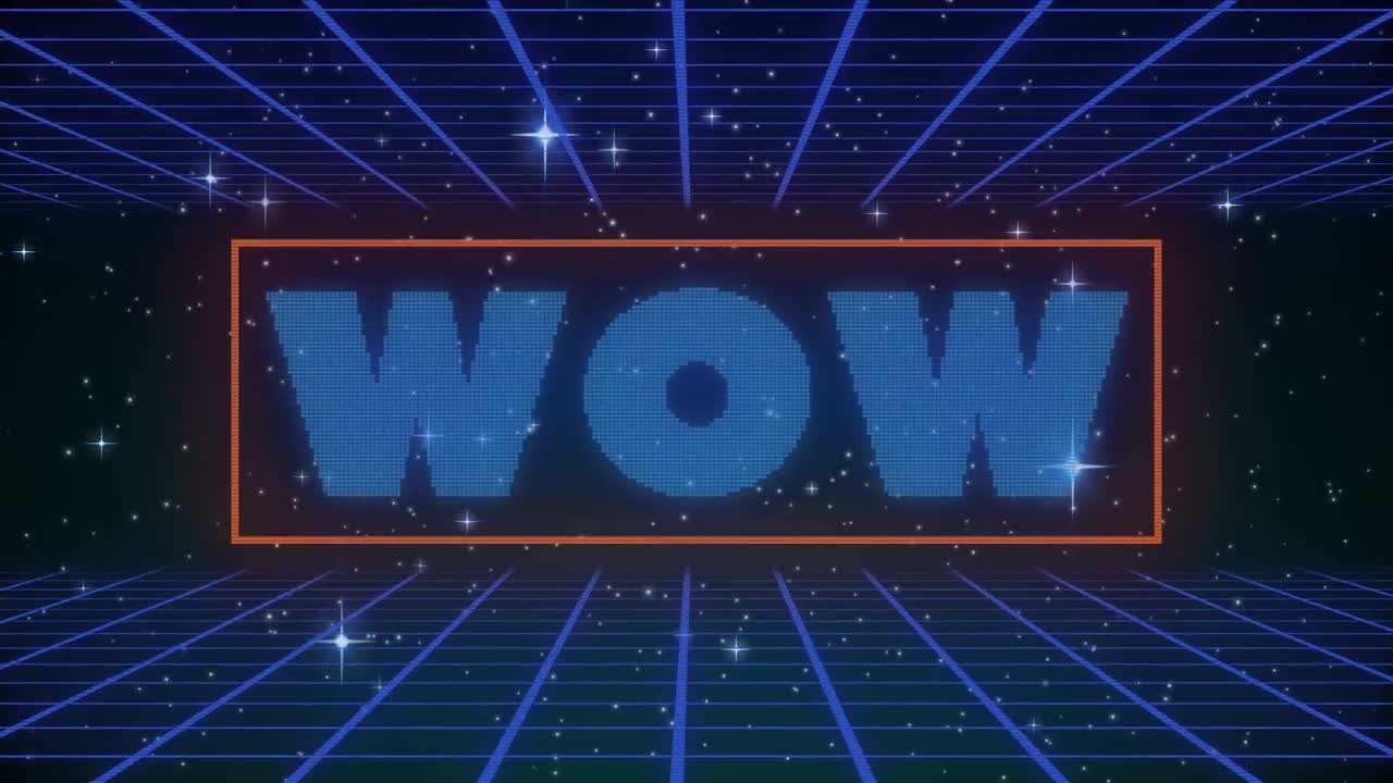 블랙 배경에 빛나는 별과 그리드 네트워크에 대한 와우 텍스트 배너의 디지털 애니메이션