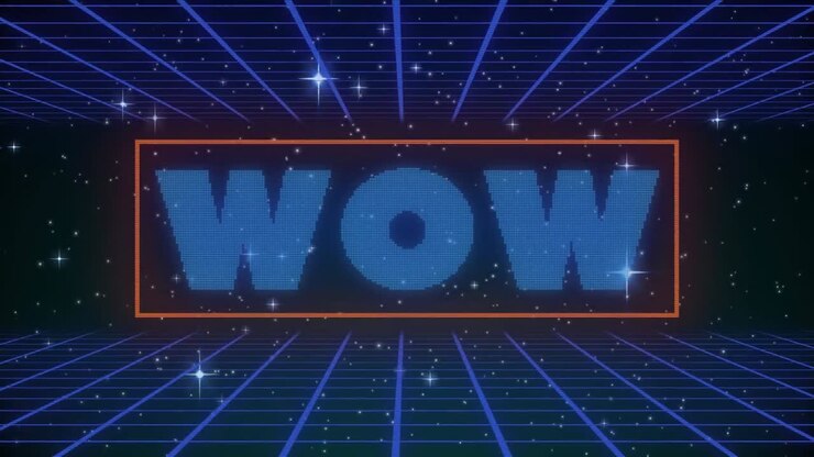 Digital animation of wow text banner against shining stars and grid network on black background