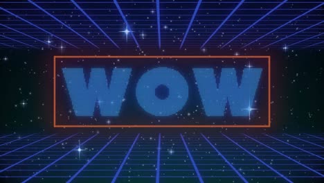 animación digital del banner de texto wow contra estrellas brillantes y red de cuadrícula sobre fondo negro