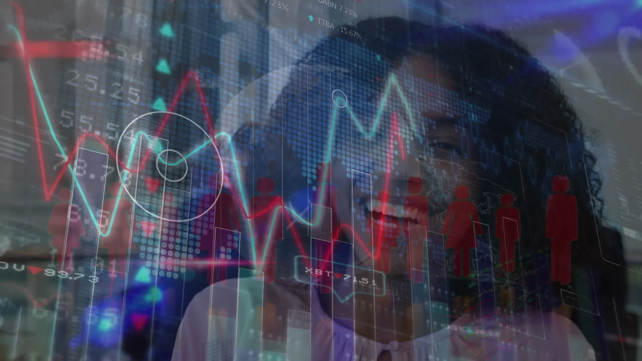 Animation of digital graphs moving, numbers changing over portrait of african american happy woman