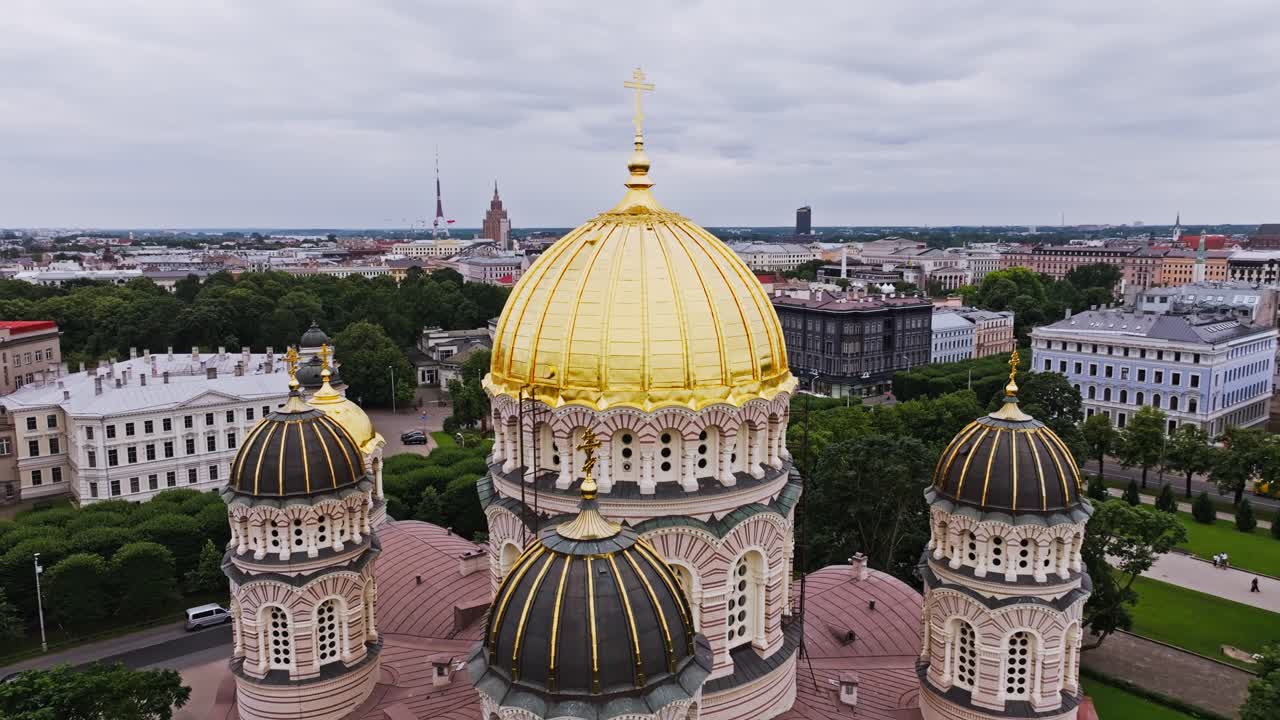 Aerial Riga Orthodox Cathedral reflecting symbolic safeguarded core of alliance