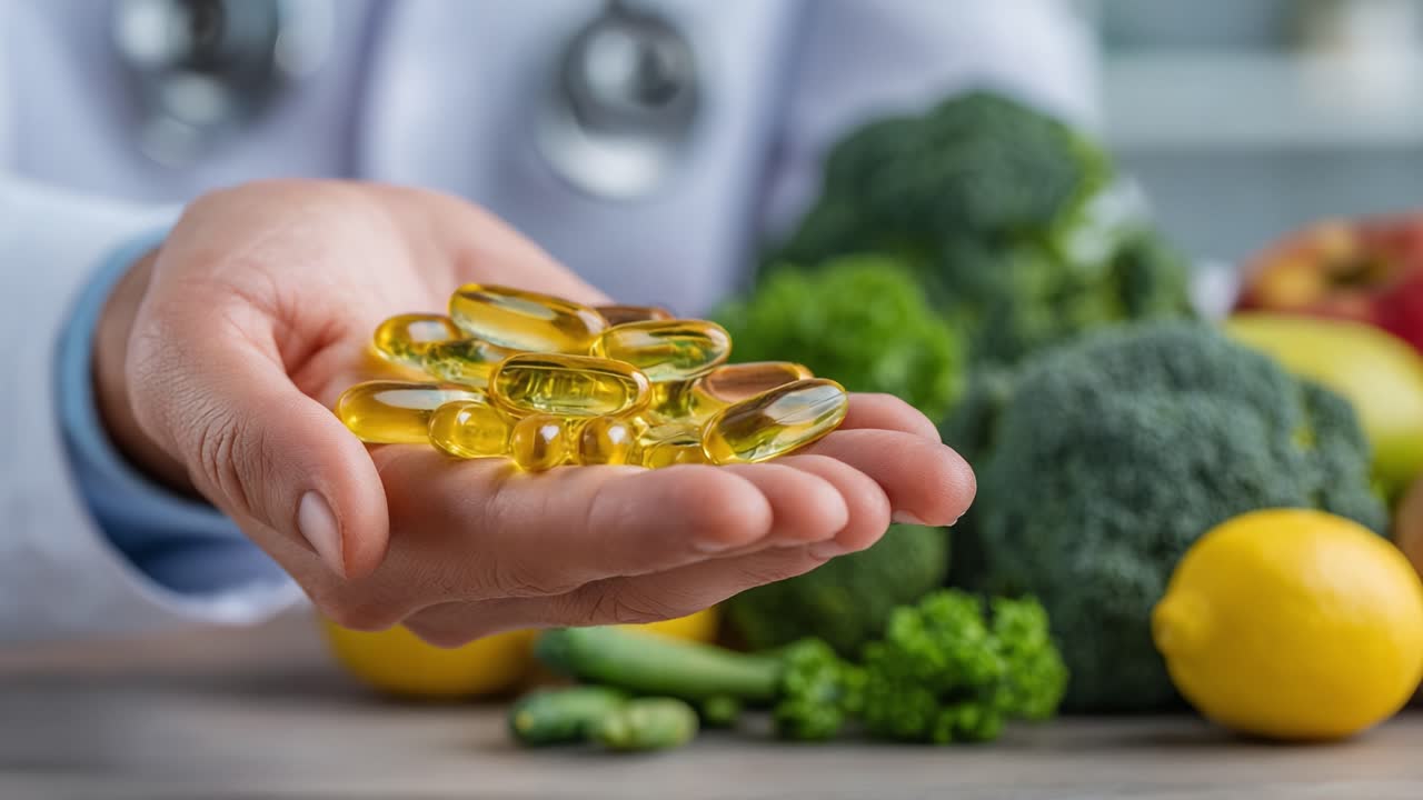 Una mano che tiene integratori alimentari tra verdure fresche, a dimostrazione dell'importanza della salute alimentare e del benessere nella vita moderna