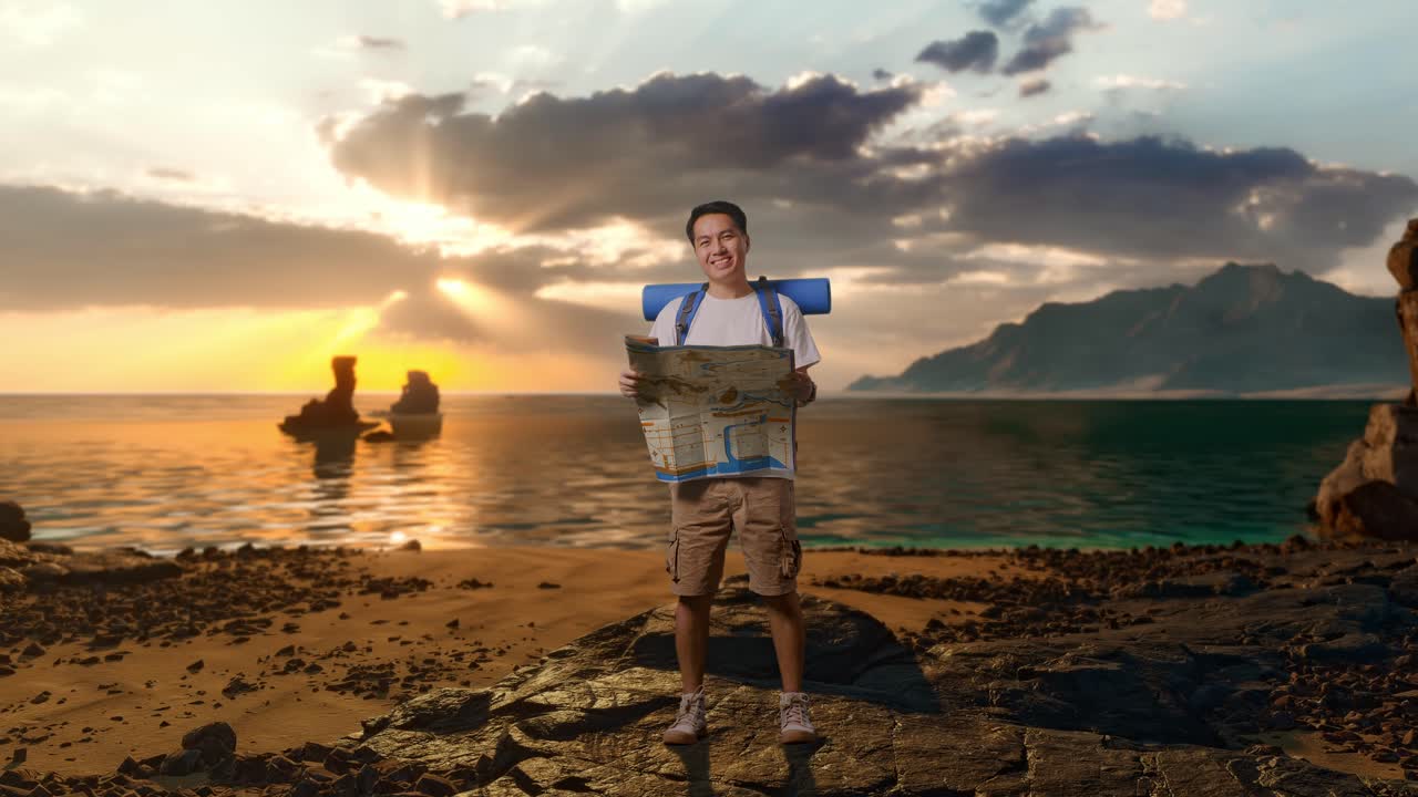 Escursionista asiatico a figura intera con zaino da alpinismo che guarda la mappa e poi sorride alla fotocamera sulla spiaggia
