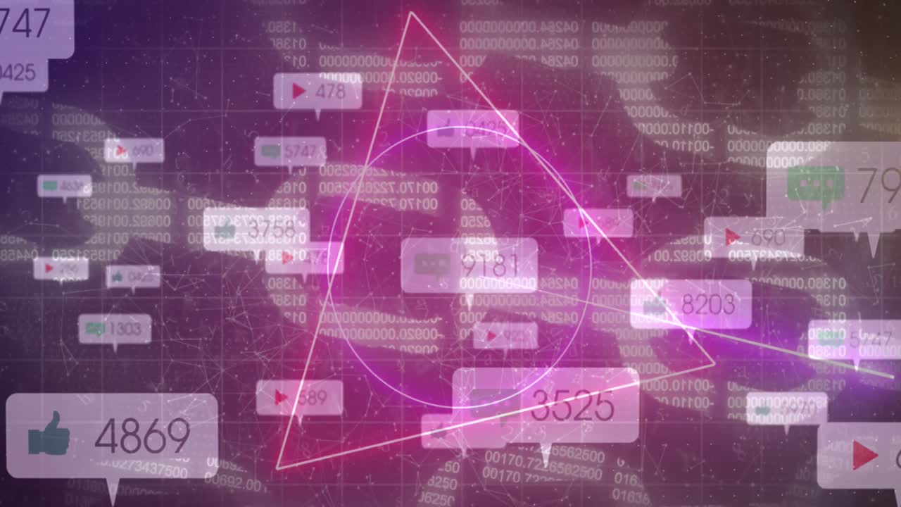 소셜 미디어 반응의 애니메이션과 보라색 배경의 블록 체인