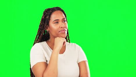 Woman,-hand-or-thinking-on-studio-green-screen