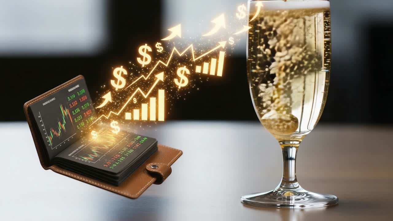 A Conceptual Representation of Financial Growth and Prosperity Illustrated by a Wallet Displaying Stock Trends and a Glass of Sparkling Beverage