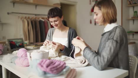 Zwei-Strickende-Frauen,-Die-In-Der-Textilwerkstatt-Arbeiten.-Frau-Hobby-Hände-Stricken