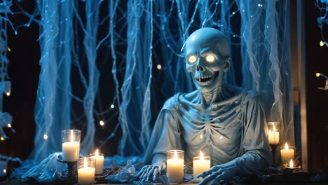 spooky skeleton display with candles