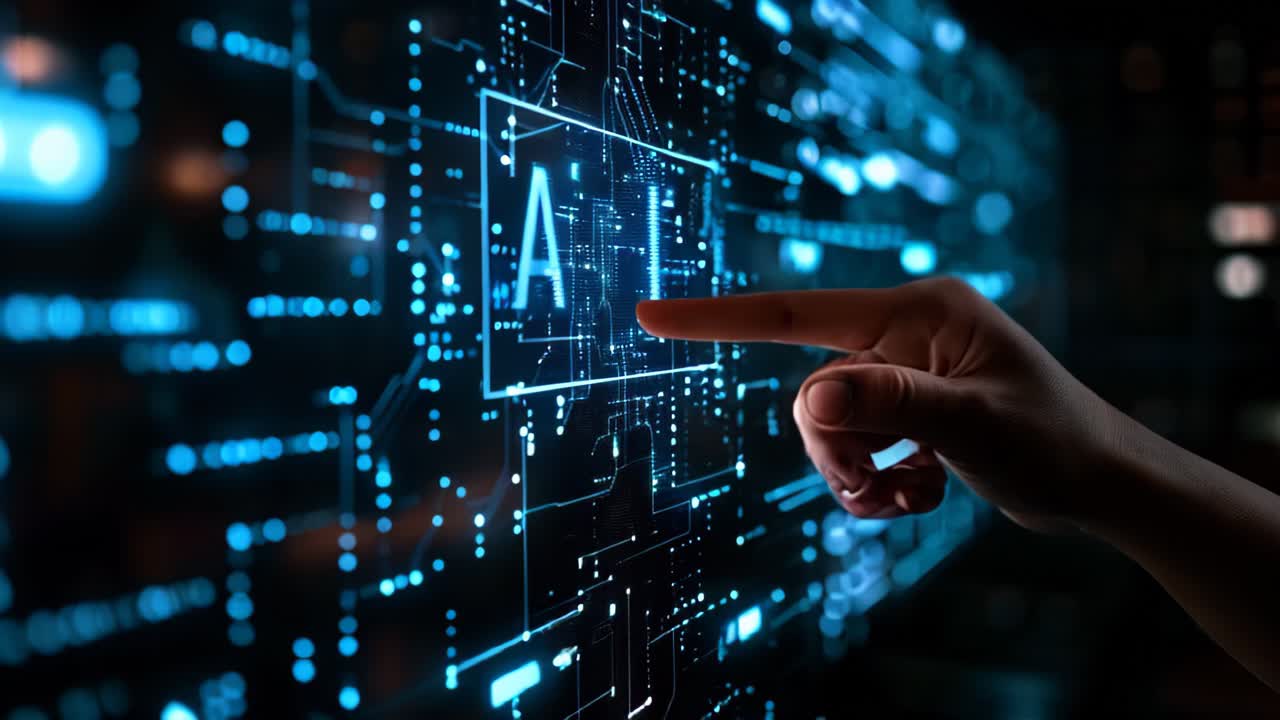 Virtual screen display with letters "AI" Artificial intelligence, male finger pointing on letters