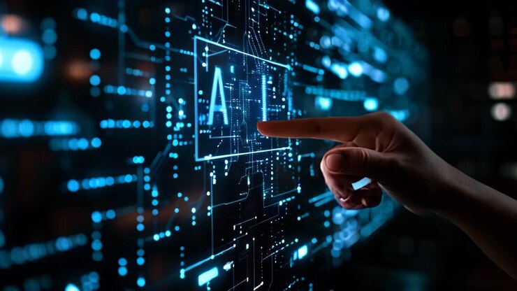 Virtual screen display with letters "AI" Artificial intelligence, male finger pointing on letters