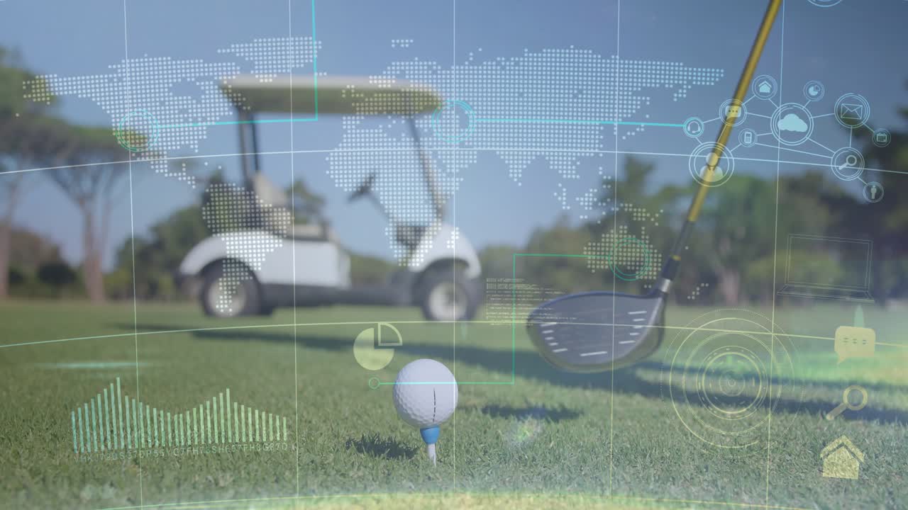 Gloved hand entering frame placing white ball on tee, driver aligning for tee shot, HUD overlaying