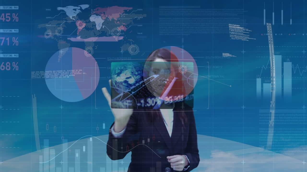 animación de una mujer de negocios utilizando la interfaz de pantalla táctil y el procesamiento de datos