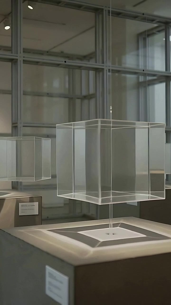 Vertical video: Pulling camera back, clear cube hanging over lit stand in gallery revealing cubes