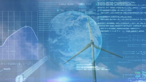 animación del procesamiento de datos financieros y el globo sobre la turbina eólica