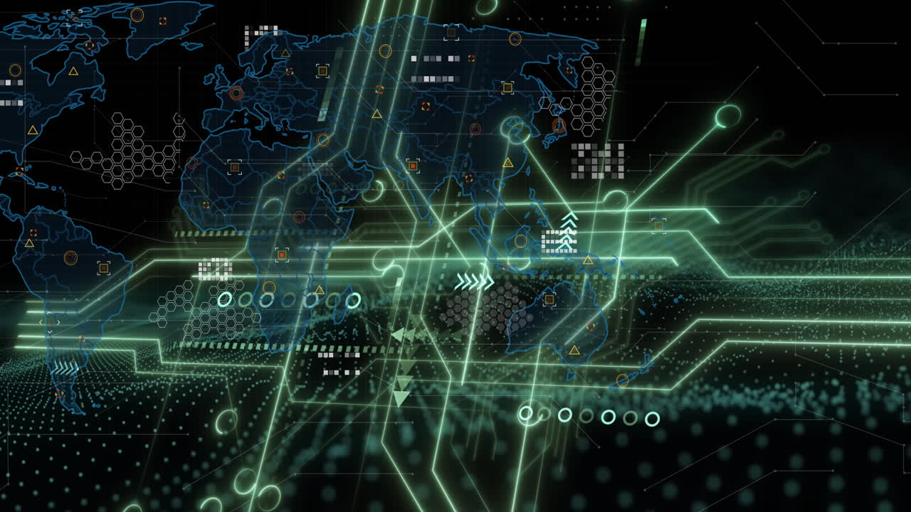 Animation of loading circles over circuit board pattern against map on black background