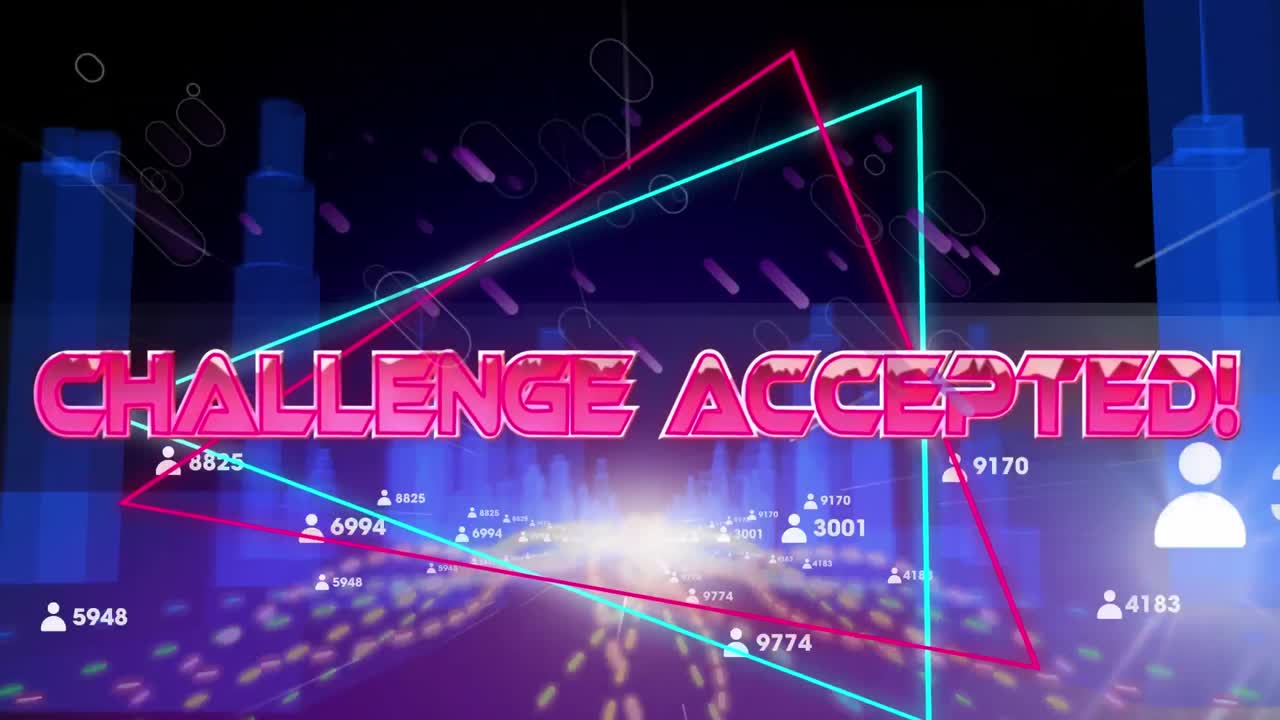 도전 받아들여진 텍스트의 애니메이션은 도시 풍경 위에 금속 핑크 글자로 표시됩니다.