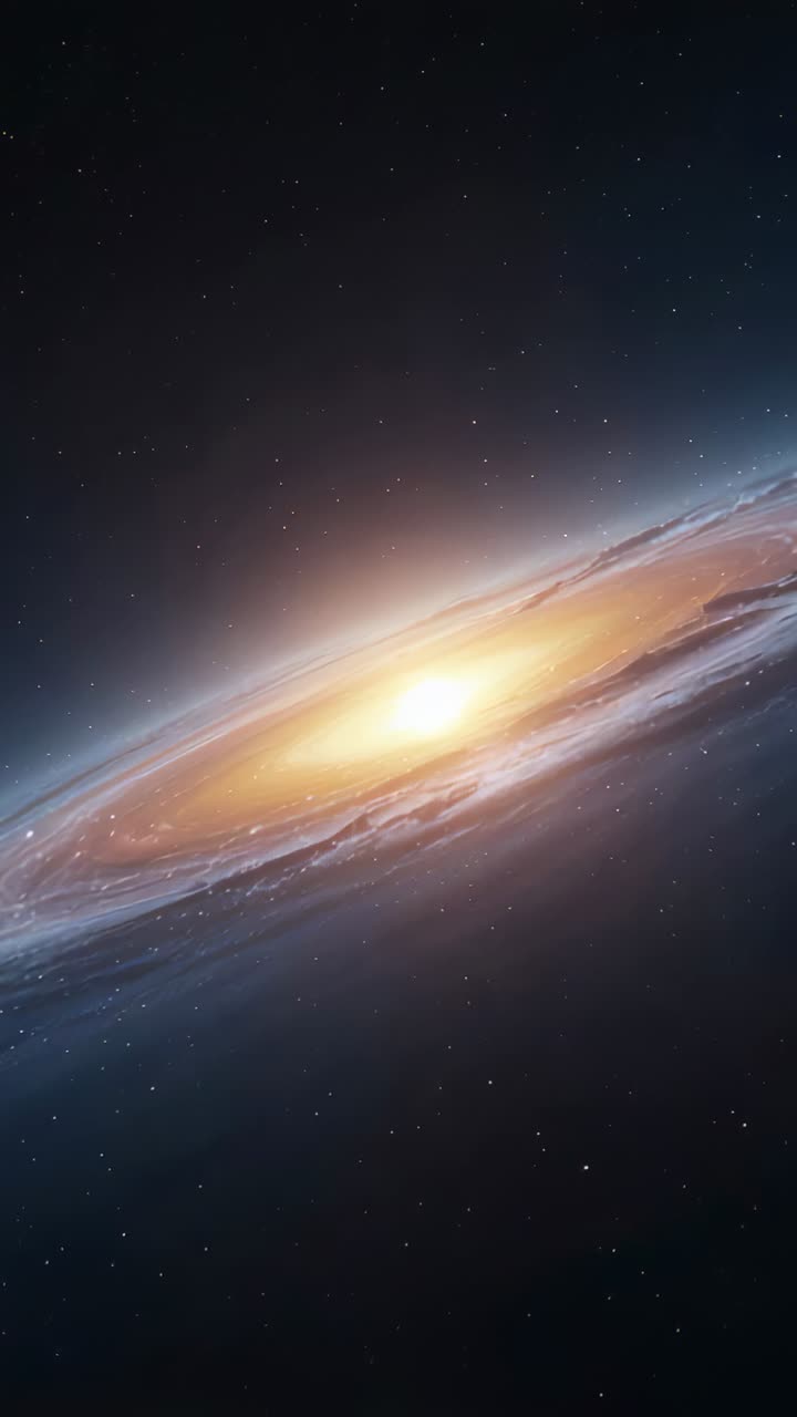 Vertical video: Zooming camera in toward tilted spiral galaxy in space, revealing bright core