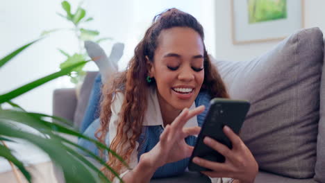 Woman,-sofa-and-relax-with-phone-for-funny