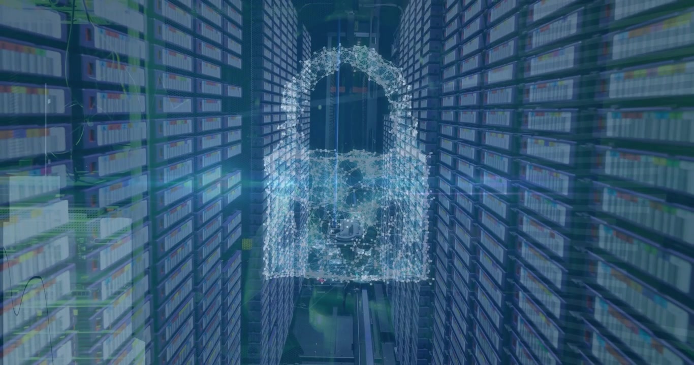Digital video showcases an empty corridor lined with computer servers.