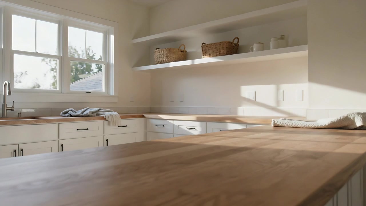 La telecamera si allontana rivelando un piano di lavoro in legno massello in una cucina domestica, illuminato dalla luce della finestra.