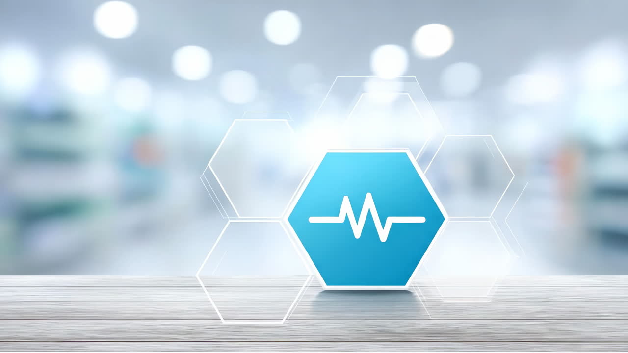 Simbolo del monitoraggio del battito cardiaco. Un esagono blu con una linea che rappresenta il battito è visualizzato su un tavolo di legno in una struttura sanitaria ben illuminata