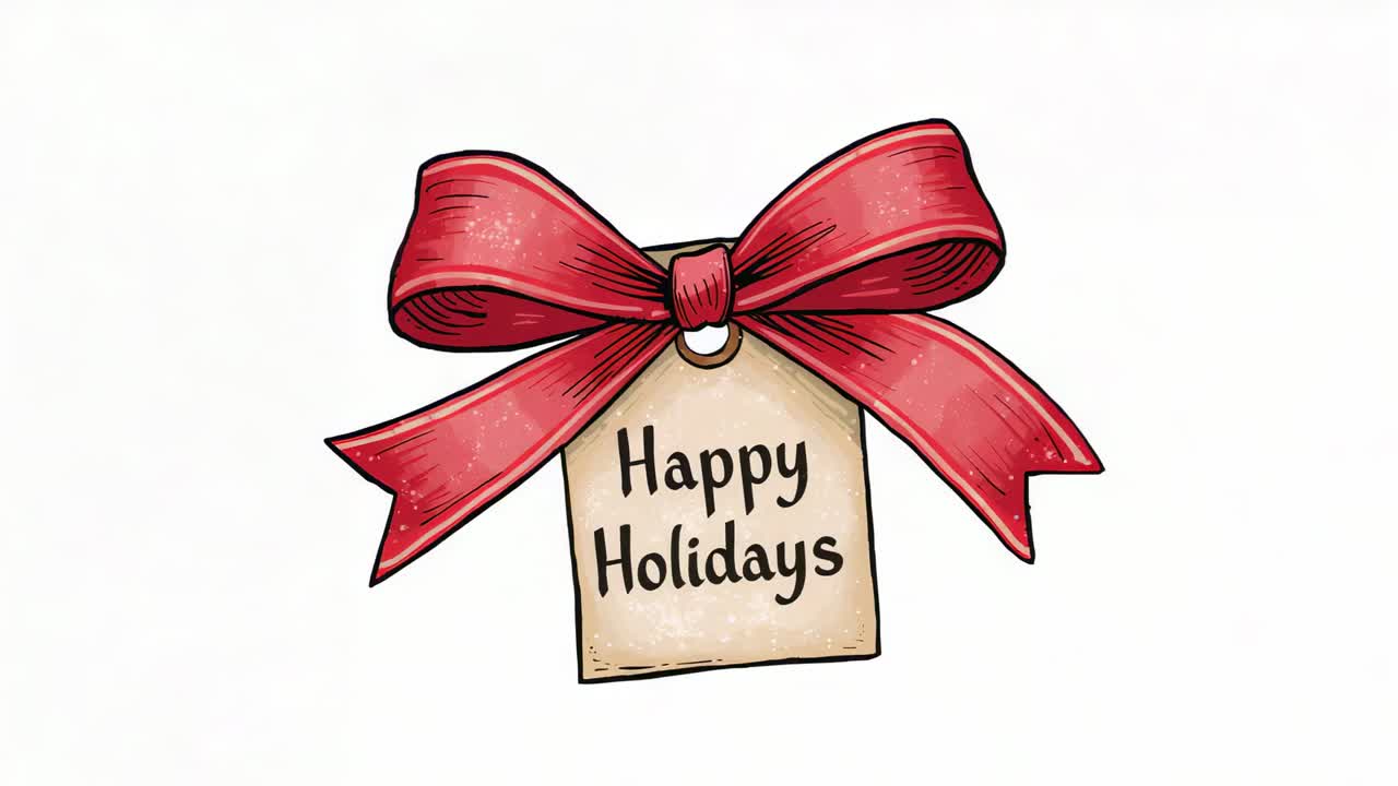 Tilting hand-drawn-red-bow with beige-tag swinging on white field on play to reveal Happy Holidays