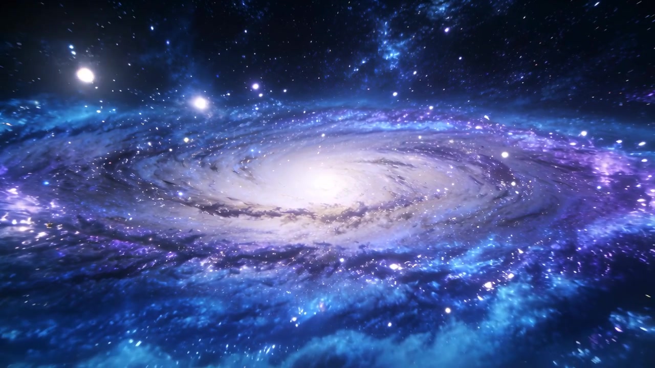 宇宙空間で重力により時計回りに回転する渦巻銀河。明るい中心核、青い腕、暗黒帯が見える。
