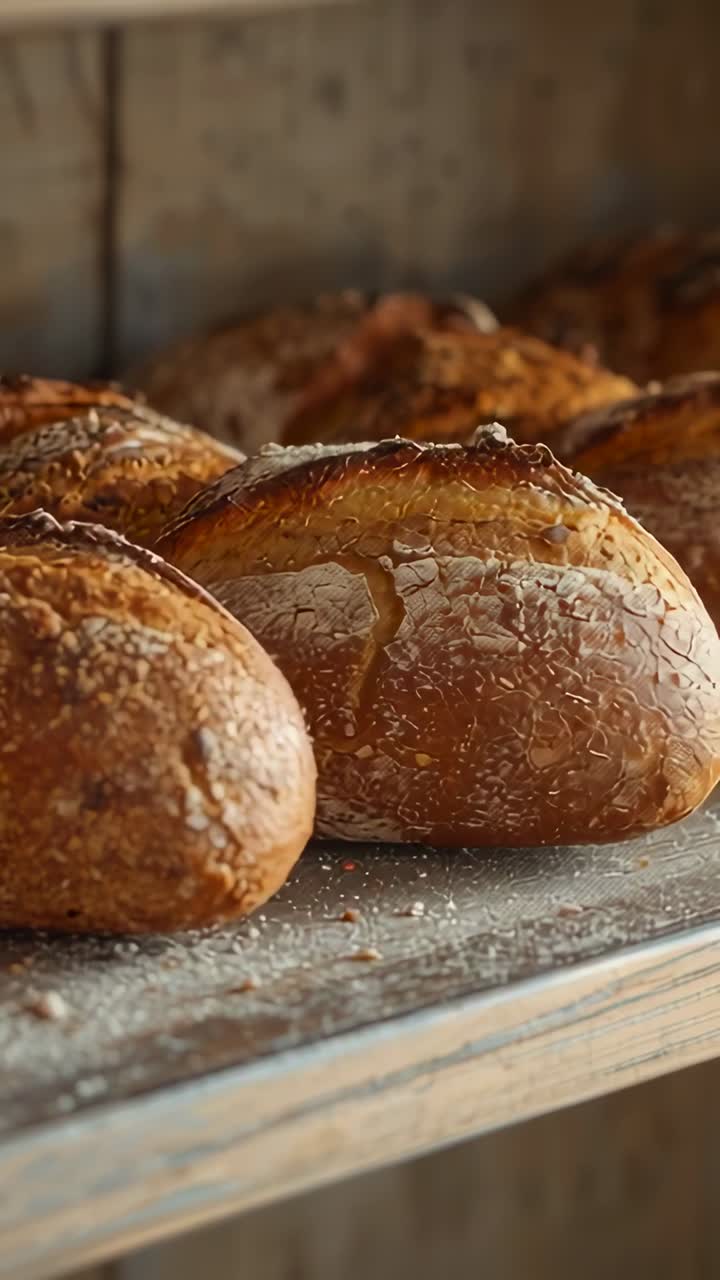 Vertical video: Camera panning revealing sourdough loaf on wood shelf, showing seed herb toppings