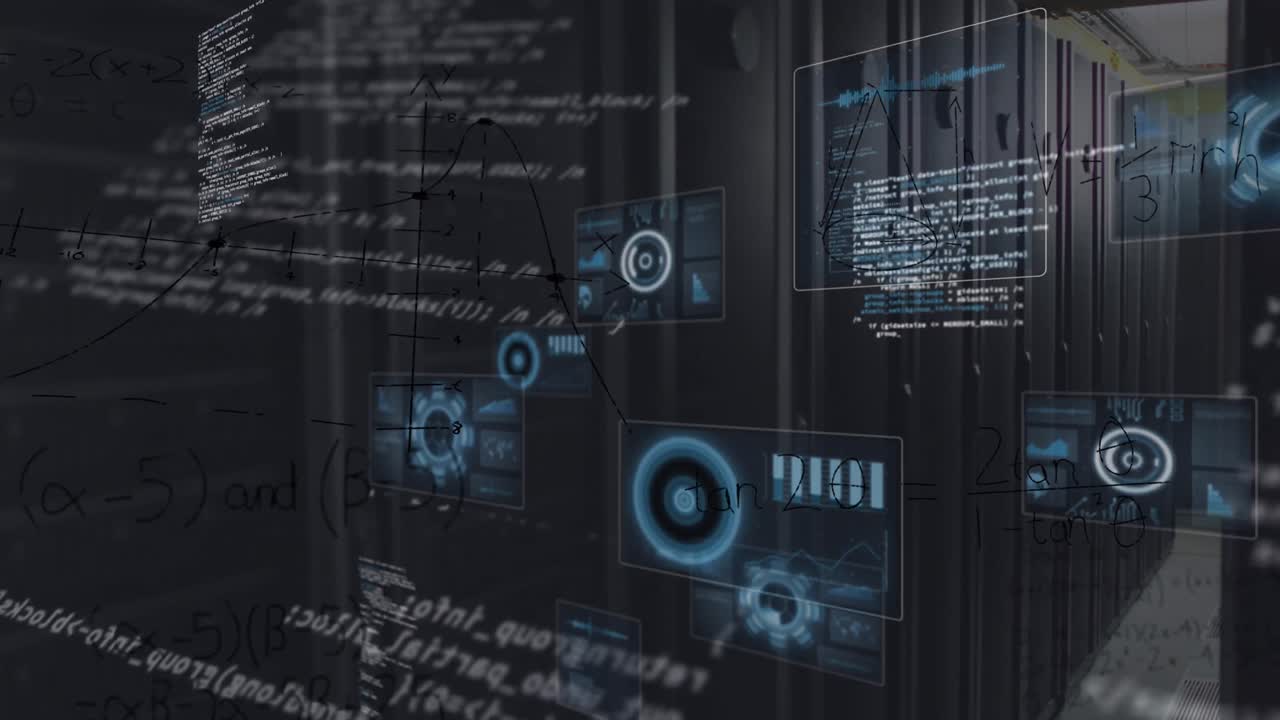 animación de escáneres redondos, procesamiento de datos y ecuaciones matemáticas contra la sala de servidores