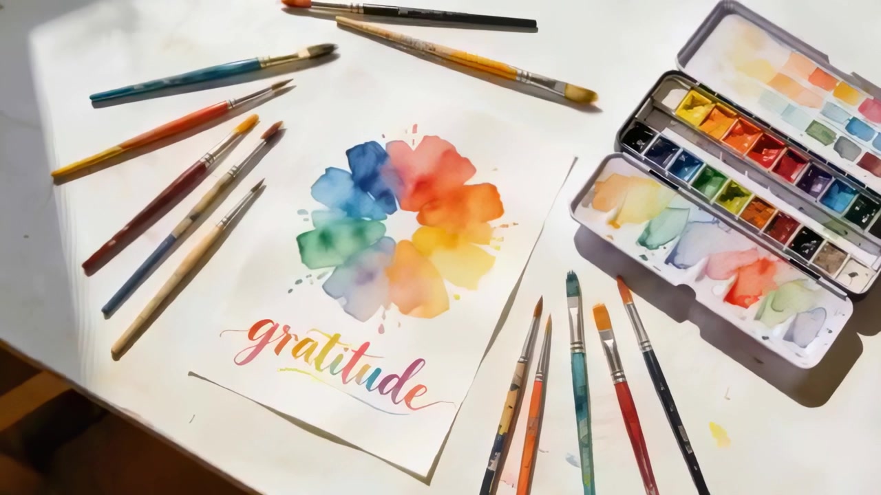 Sich verlagerndes Sonnenlicht verursacht eine Kamerabewegung und enthüllt ein Aquarell zum Thema Dankbarkeit, Pinsel und eine Palette auf einem Tisch.