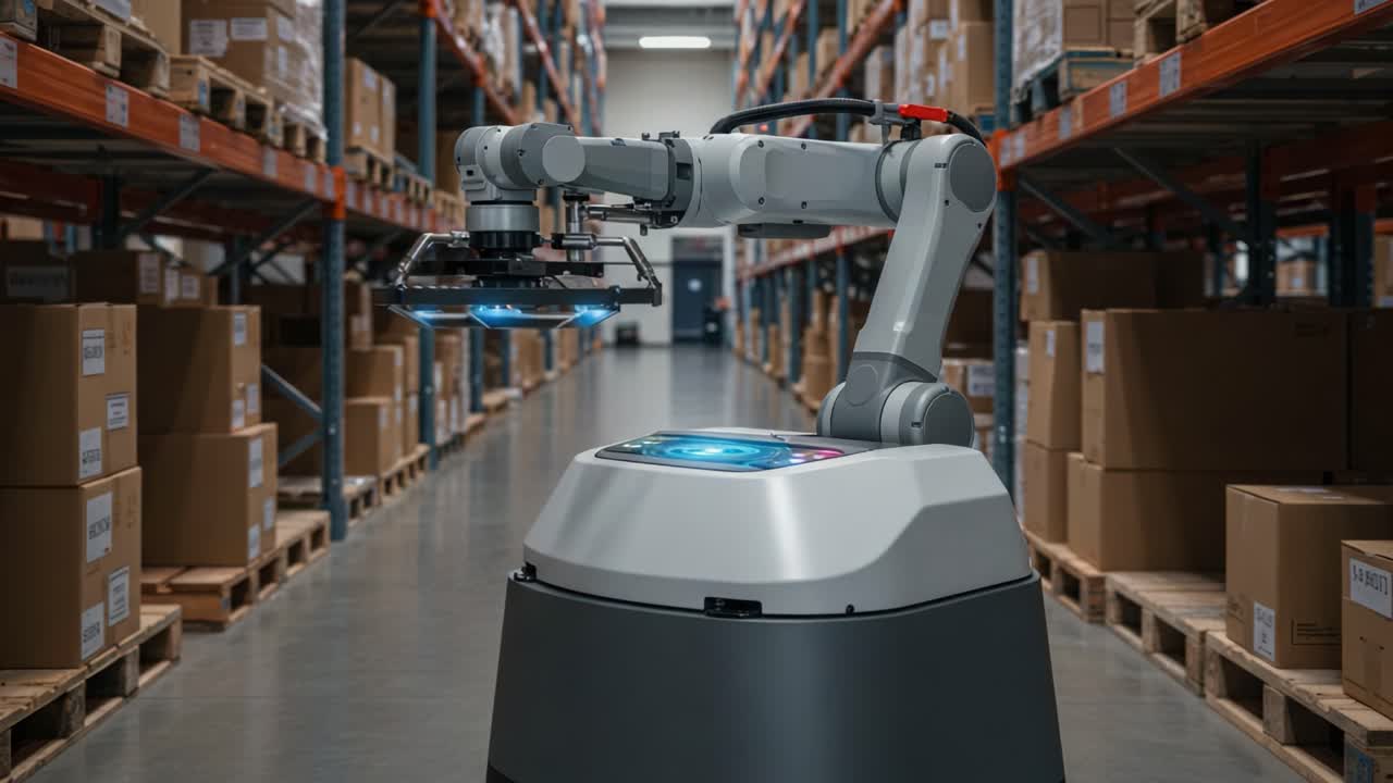 Advanced Robotic Arm in a Modern Warehouse Operations, Showcasing Autonomous Gripping and Item Management for Efficient Logistics and Inventory Control