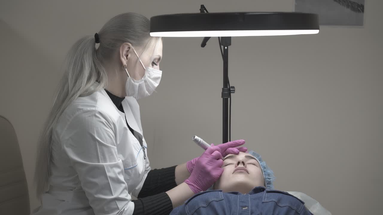 beautician colours visitor eyebrow in black against wall