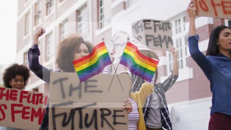 animación de banderas arco iris sobre diversos manifestantes con pancartas