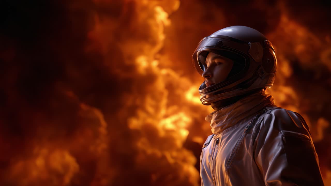 Un astronauta solitario si erge contro uno sfondo di caos infuocato, fissando l'ignoto con determinazione, resilienza e lo spirito di esplorazione acceso dentro di sé.