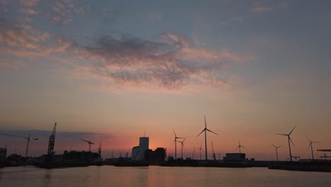 Wide-angle-shot-during-sunset-of-Antwerp's-industrial-port-near-the-city's-centre