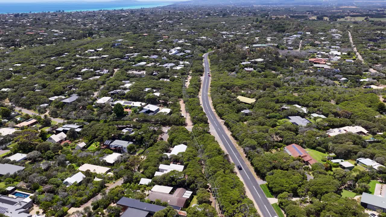 Ripresa aerea dall’alto con drone di case suburbane immerse nel verde lussureggiante in una giornata luminosa