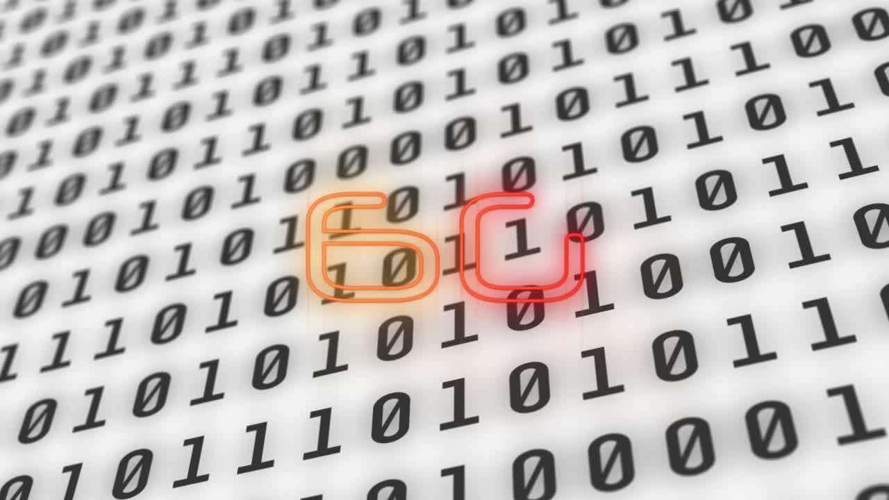 animación de texto brillante de neón de 6g sobre codificación binaria
